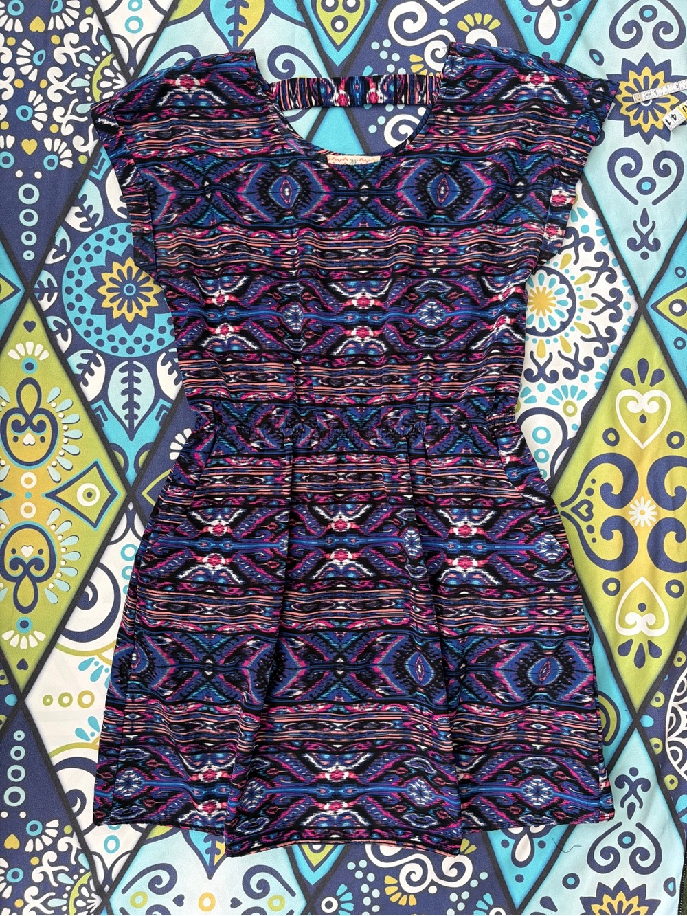 Pink Republic Short Sleeve Mini Dress in Blue and Pink Pattern with Pockets